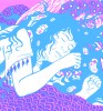 Illustration pour sérigraphie en deux couleurs : femme endormie avec motifs oniriques, aplats de bleu et rose.