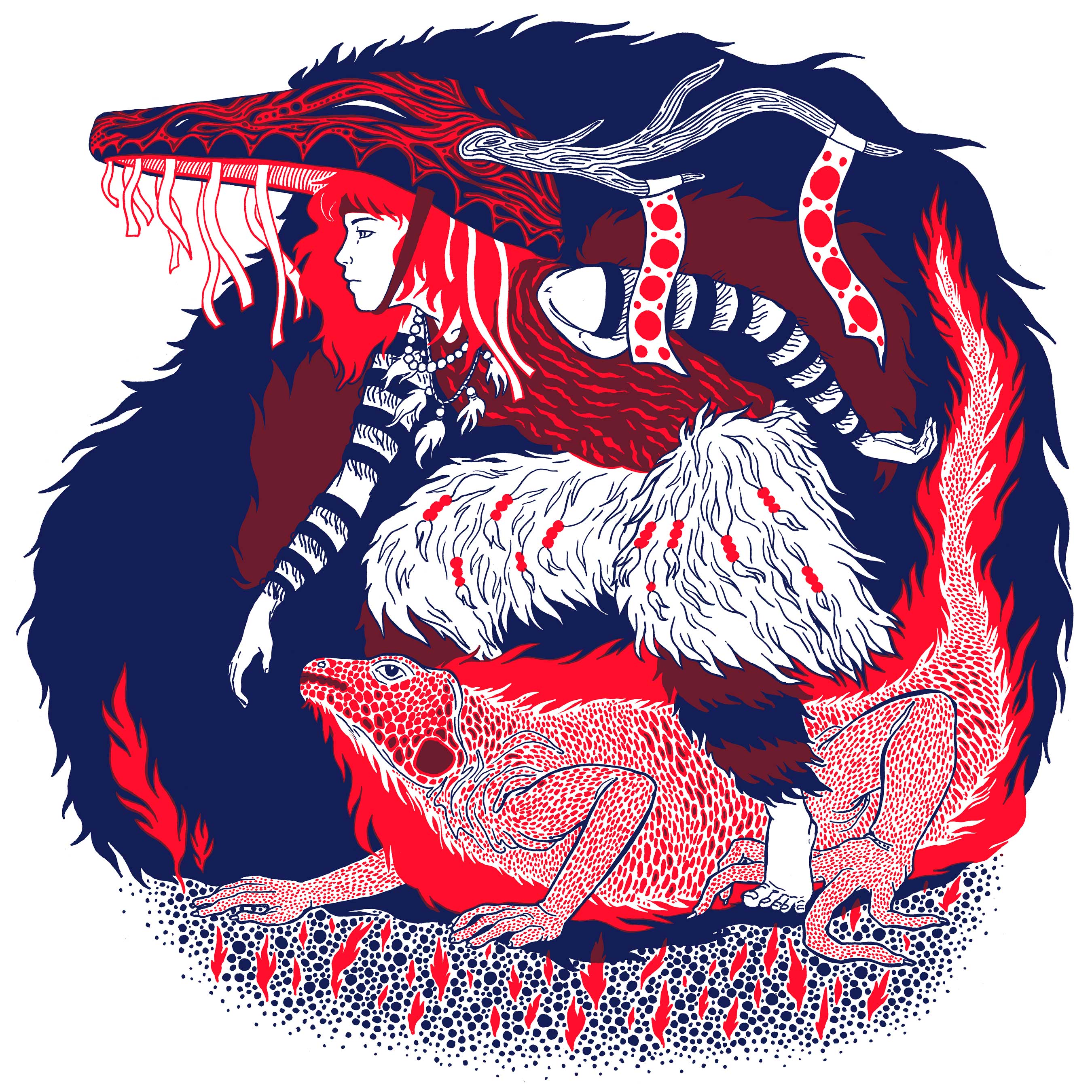 Illustration en deux couleurs (rouge et bleu foncé) représentant une figure féminine portant un costume hybride rappelant un animal. À ses pieds se trouve un lézard stylisé, entourée de motifs texturés.