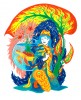 Illustration aux crayons de couleur : une femme en tenue ornée porte un bocal en forme de sac à dos avec une tortue, tenant la branche d’une grande feuille colorée.