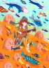 Dessin d'un femme jouant du luth entourée de poissons volants, dans un paysage aux crayons de couleur peuplé de têtes de pierre chantantes.