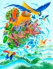 Illustration colorée : une enfant chante depuis une cabane en bois perchée sur un visage sculptural émergeant des nuages, entourées d'oiseaux.