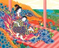 Dessin aux crayons de couleur : deux personnages en kimonos reposent sur un dragon coloré, entourés de motifs floraux et d'un paysage de prairie.