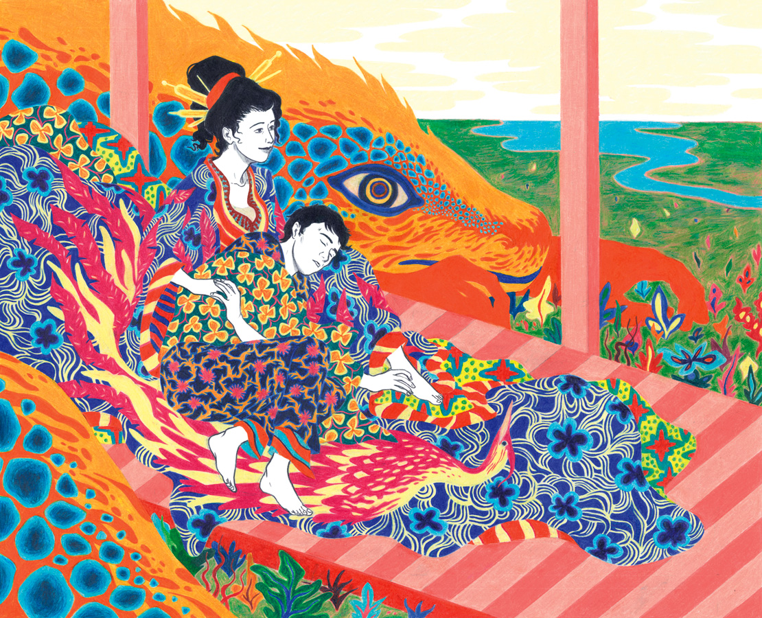 Dessin aux crayons de couleur : deux personnages en kimonos reposent sur un dragon coloré, entourés de motifs floraux et d'un paysage de prairie.