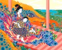 Dessin aux crayons de couleur : deux personnages en kimonos reposent sur un dragon coloré, entourés de motifs floraux et d'un paysage de prairie.