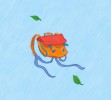 Illustration d'un sac à dos orange avec rabat rouge, entouré de feuilles vertes sur fond bleu, dessin au crayon noir colorisé numériquement.