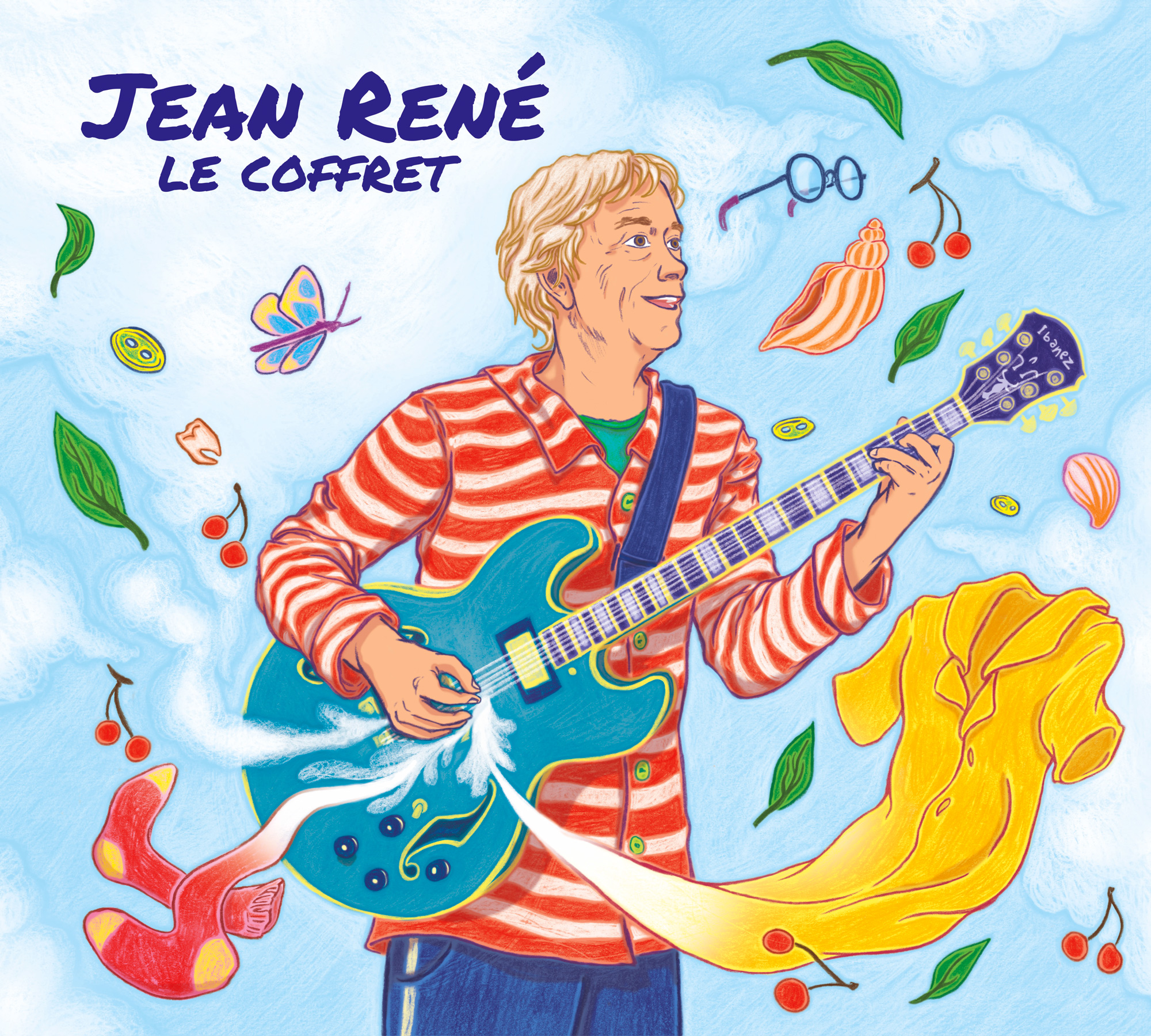 Illustration de la couverture du coffret 3 CDs de Jean René : portrait avec guitare électrique et objets flottants, dessin au crayon noir colorisé numériquement.